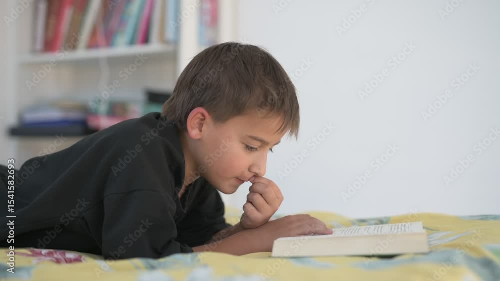 Little school boy reading a book lying on his bed Little school boy reading a book lying on his bed