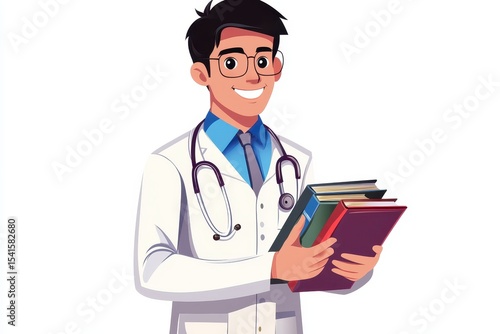 Young doctor in white coat holding medical books and smiling