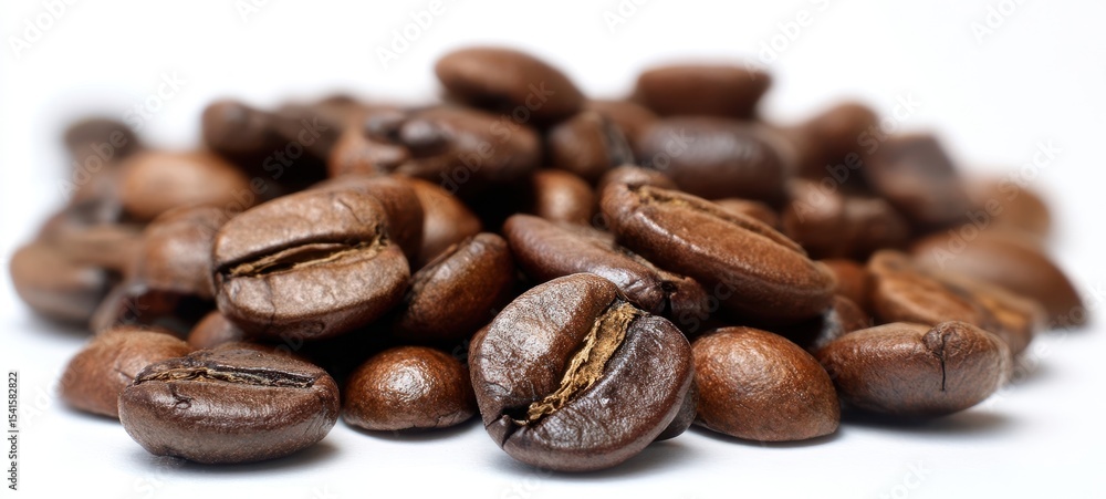 The rich and flavorful coffee beans scattered on a white surface. The rich and flavorful coffee beans scattered on a white surface.