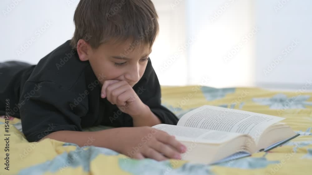 Little school boy reading a book lying on his bed Little school boy reading a book lying on his bed