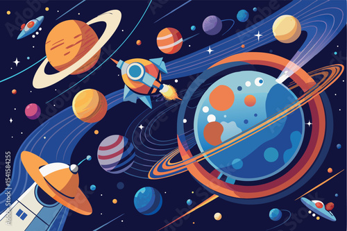 Colorful space illustration featuring planets, stars, and a rocket exploring the cosmos