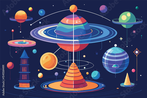 Colorful cosmic landscape with planets and rings in space