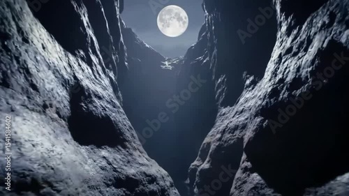 Moonlit canyon between craggy, textured rock formations