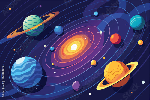 Colorful illustration of planets orbiting a star in a galaxy