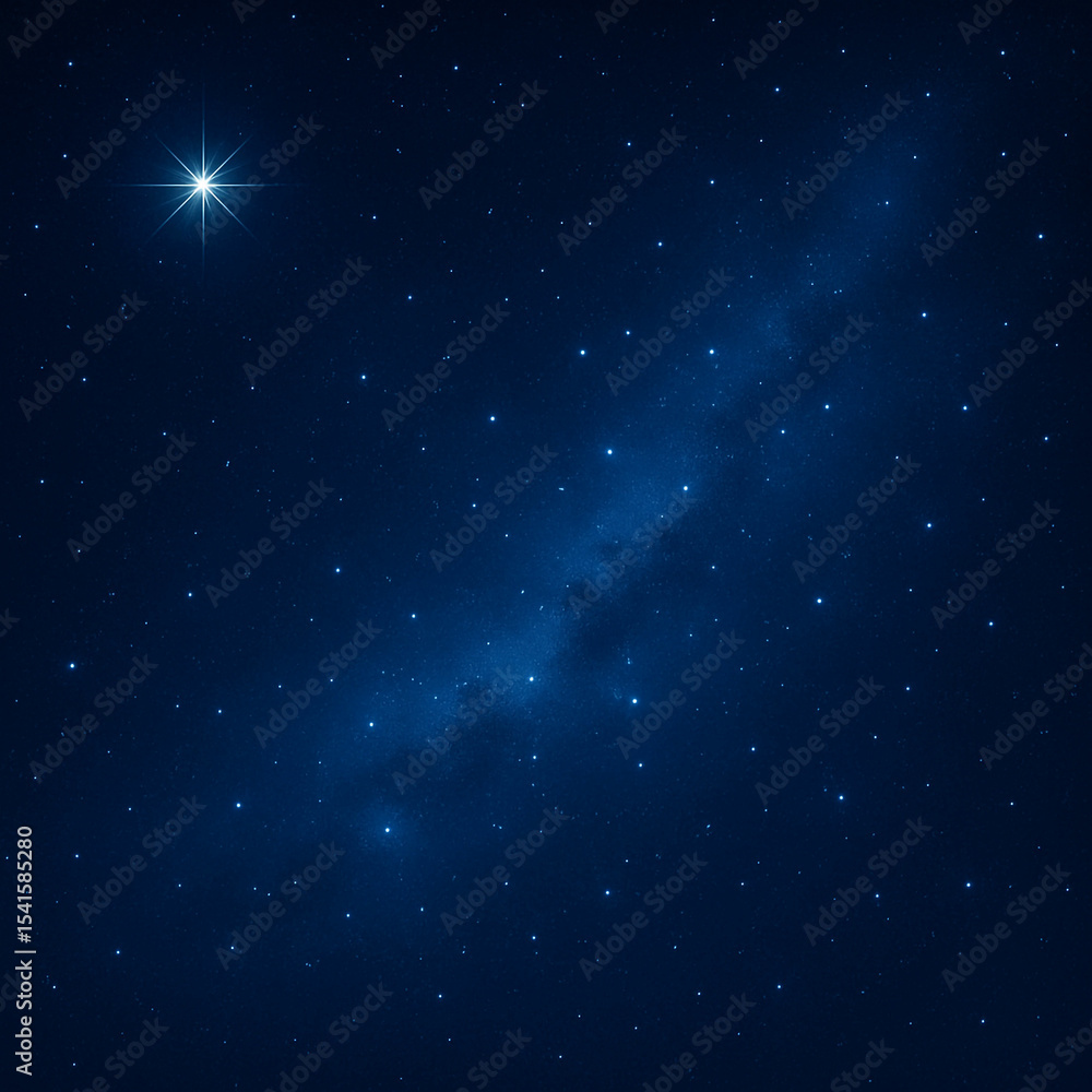 Fototapeta premium Starry night sky with glowing bright star, cosmic deep blue space background, peaceful celestial view ideal for creative and commercial use, unique design Pro.