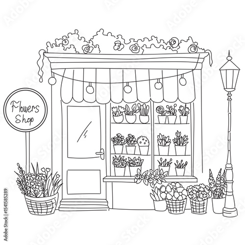 Black and white drawing of a cozy flower shop featuring blooming plants and potted arrangements. coloring page for kids and adult
