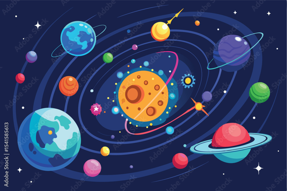 Naklejka premium Colorful depiction of the solar system with planets, stars, and cosmic elements