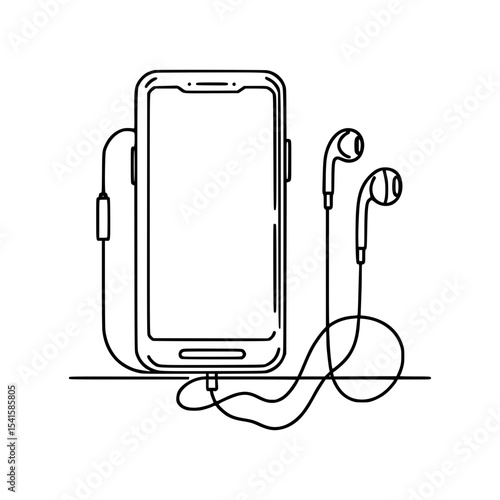 Smartphone with wired earbuds line art illustration