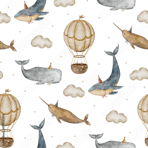 Watercolor pattern illustration vintage whales sea animals fish balloons in clouds. Seamless print background for children's fabric, baby clothes, textile, packaging, wallpaper