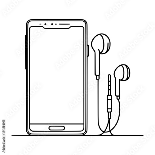 Smartphone with wired earbuds line art illustration