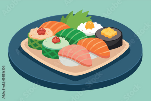 Colorful sushi platter showcasing various types of sushi with fresh ingredients and garnishes