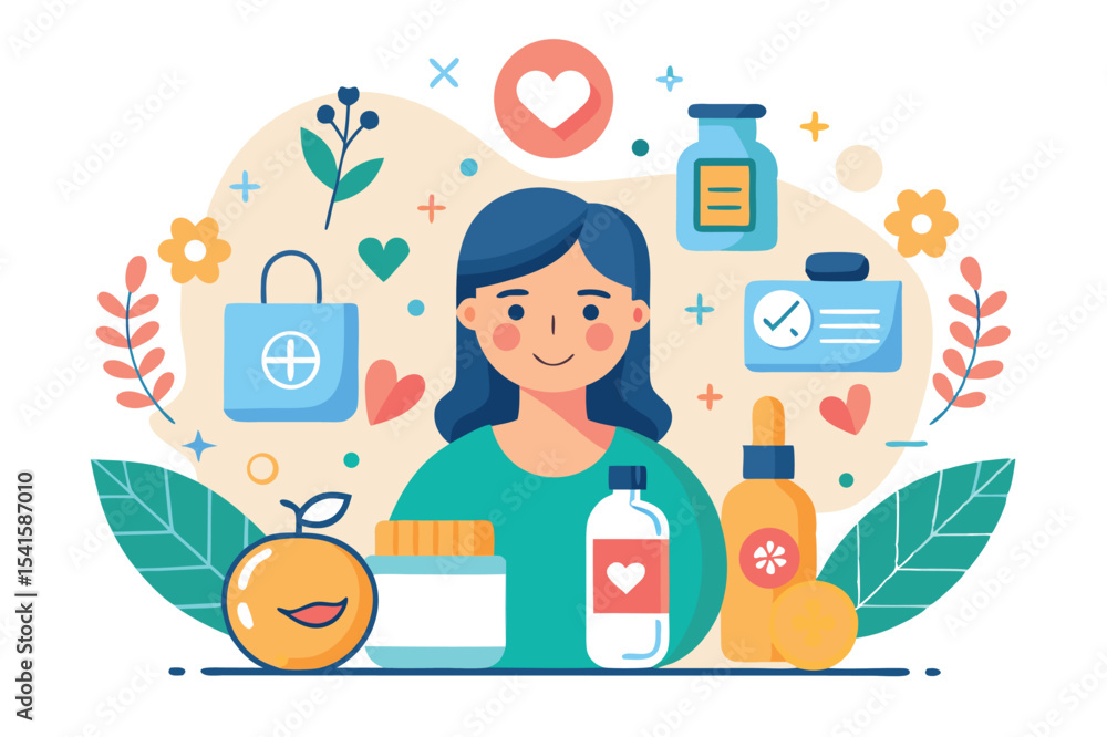 Wellness enthusiast surrounded by skincare and health products Wellness enthusiast surrounded by skincare and health products