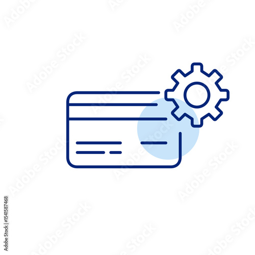 Credit card and cogwheel. Payment settings, wallet management, card configuration, financial control, secure transaction setup. Pixel perfect, editable stroke vector icon