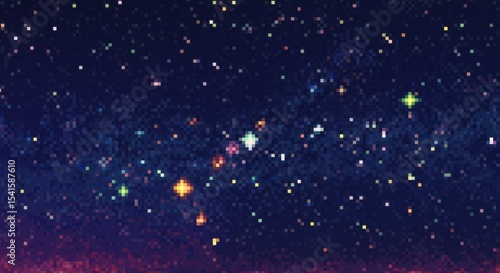 A pixelated starfield reveals the faint glow of distant galaxies against a deep space backdrop