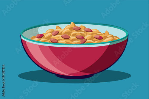 Colorful bowl of cereal with nuts and dried fruit served against a bright blue background