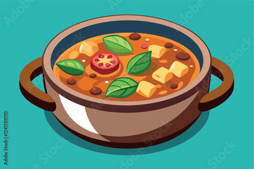 Delicious vegetable stew in a pot with herbs and spices on a vibrant background ready to be served