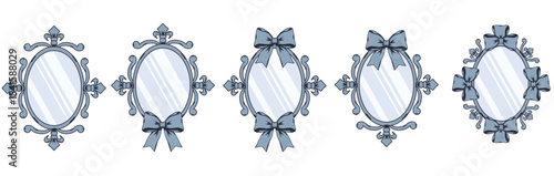 Retro oval Frames vector set isolated transparent. Oval antique mirrow with bow in Victorian style. Grunge texture Frames collection EPS 10