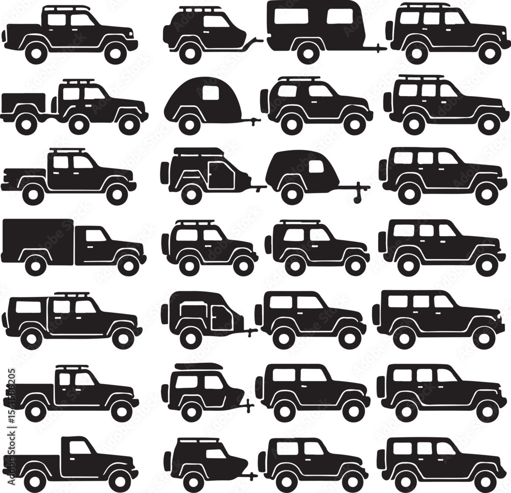 Off-Road Vehicle with Trailer Silhouette Set – 4x4 Cars, Jeeps, and Camping Trailers Vector Illustration Off-Road Vehicle with Trailer Silhouette Set – 4x4 Cars, Jeeps, and Camping Trailers Vector Illustration