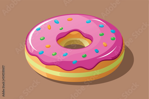 Brightly colored donut with sprinkles resting on a beige background