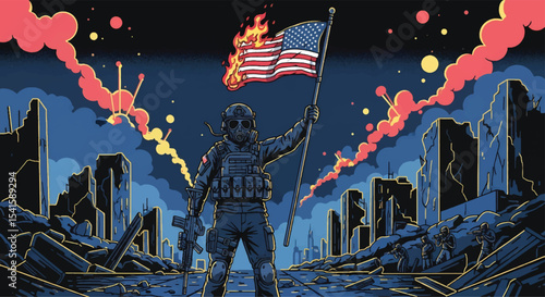 
Adobe illustrator artwork vector illustration: A soldier in a gas mask holds a burning American flag and a rifle amidst a destroyed city, symbolizing conflict and resilience