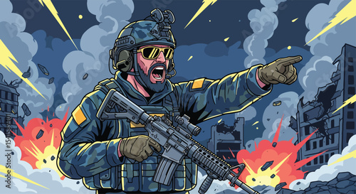 Adobe illustrator artwork vector illustration: A commanding male soldier with a rifle points forward amidst explosions and urban destruction, shouting orders