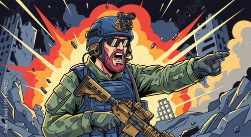 Adobe illustrator artwork vector illustration: A commanding male soldier with a rifle points forward amidst explosions and urban destruction, shouting orders