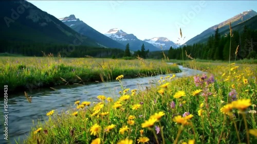 Mountain meadow with wildflowers and a stream