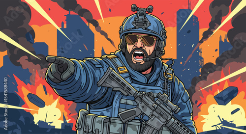 Adobe illustrator artwork vector illustration: A commanding male soldier with a rifle points forward amidst explosions and urban destruction, shouting orders