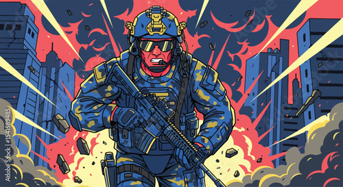 Adobe illustrator artwork vector illustration: A determined male soldier in full combat gear runs through an explosion-ridden, war-torn city, amidst smoke and falling debris