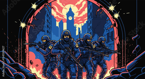 Adobe illustrator artwork vector illustration: A team of heavily armed police officers advances through a war-torn city at dusk, with a prominent clock tower in the background
