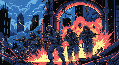 Adobe illustrator artwork vector illustration: A team of heavily armed police officers advances through a war-torn city at dusk, with a prominent clock tower in the background
