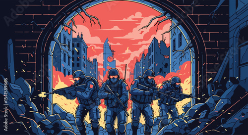 Adobe illustrator artwork vector illustration: A team of heavily armed police officers advances through a war-torn city at dusk, with a prominent clock tower in the background