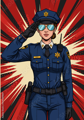 Adobe illustrator artwork vector illustration: A strong female police officer in uniform salutes with a determined gaze, set against a dynamic red and beige radial background, symbolizing authority