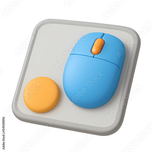 3D render of a blue computer mouse with orange scroll wheel, modern glossy style, isolated on white. Ideal for tech and UI visuals