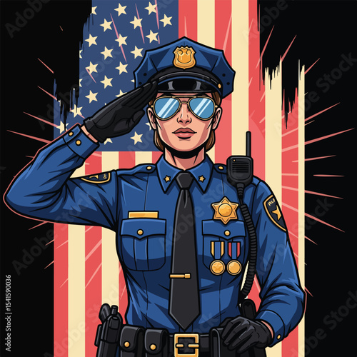 Adobe illustrator artwork vector illustration: A respectful female police officer salutes against a backdrop of the American flag, embodying patriotism and service