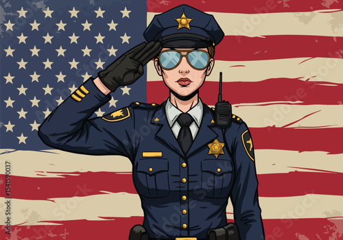 Adobe illustrator artwork vector illustration: A respectful female police officer salutes against a backdrop of the American flag, embodying patriotism and service