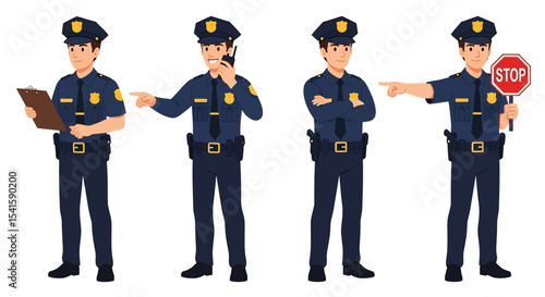 Adobe illustrator artwork vector illustration set of diverse male and female police officers in various poses. Represents law enforcement professionals