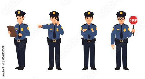 Adobe illustrator artwork vector illustration set of diverse male and female police officers in various poses. Represents law enforcement professionals