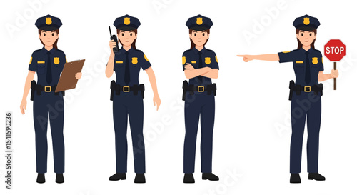 Adobe illustrator artwork vector illustration set of diverse male and female police officers in various poses. Represents law enforcement professionals