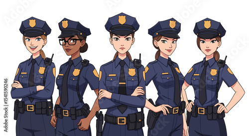 Adobe illustrator artwork vector illustration set of diverse male and female police officers in various poses. Represents law enforcement professionals