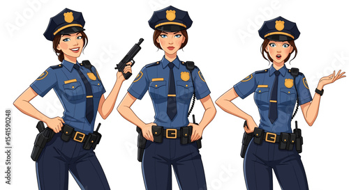 Adobe illustrator artwork vector illustration set of diverse male and female police officers in various poses. Represents law enforcement professionals