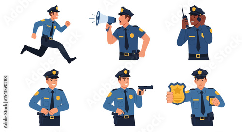 Adobe illustrator artwork vector illustration set of diverse male and female police officers in various poses. Represents law enforcement professionals