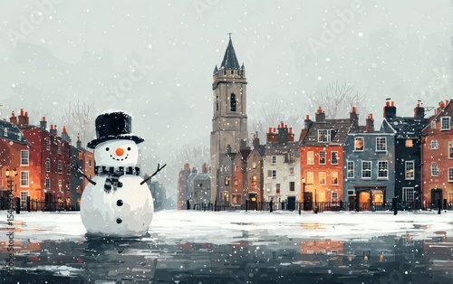 Snowman in a snowy town