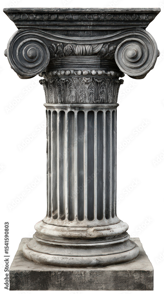 Obraz premium Classical column stone pillar architectural detail ancient structure isolated on white ornate design vertical fluting historical element decorative capital elegant support