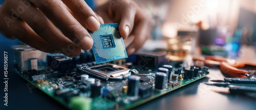 The technician installing a microchip on a motherboard in a modern workspace.