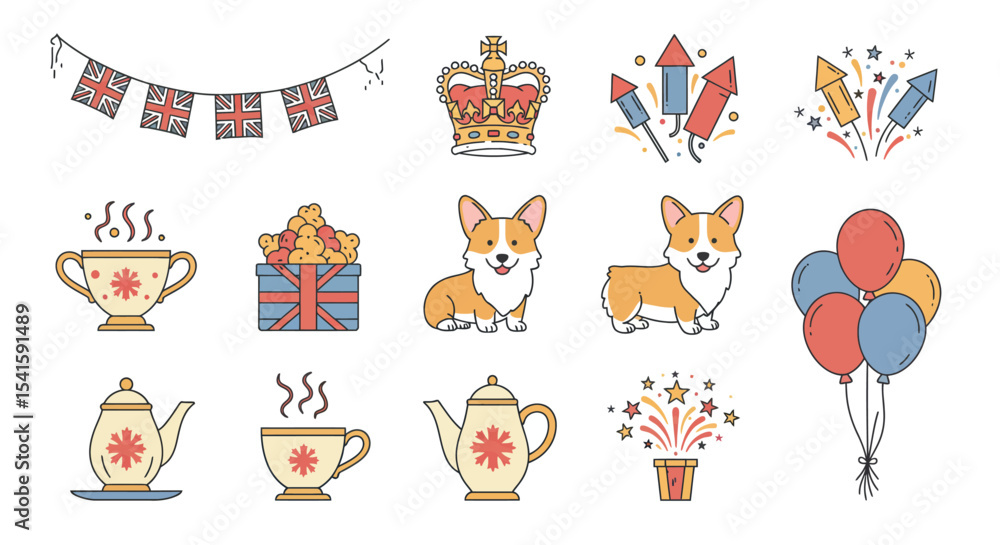 Fototapeta premium A collection of cheerful British-themed illustrations, including flags, crowns, corgis, teacups, and fireworks.