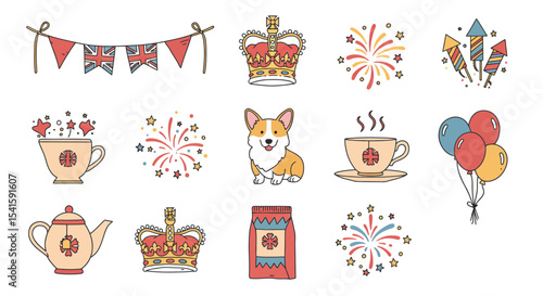 A collection of illustrated elements celebrating a royal event with festive decorations.