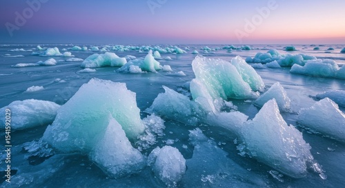 Frozen expanse Ice floes gleam under a dawn sky fractured landscape