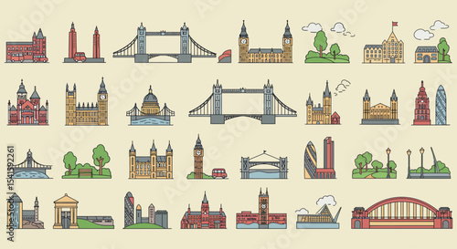 Collection of iconic London landmarks, outlined in various shades, displayed on a light beige background.