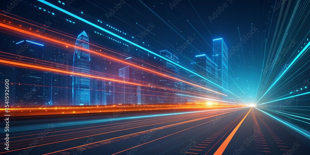 Obraz premium Futuristic City Sunset Highway Neon Light scape Stock Illustration , A futuristic city with glowing neon lights and a bridge,